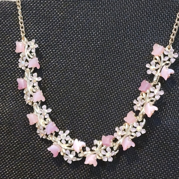 Vintage Pink Purple Thermoset Necklace Gold Tone Necklace Floral Choker 15" - Picture 6 of 7